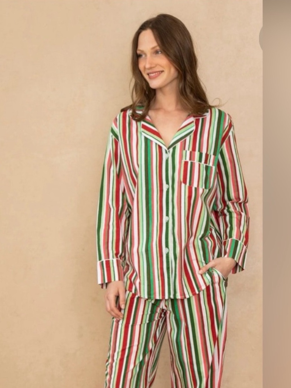 Printfresh Green, Red, Pink, & White Striped Long Sleeve Pajama Shirt